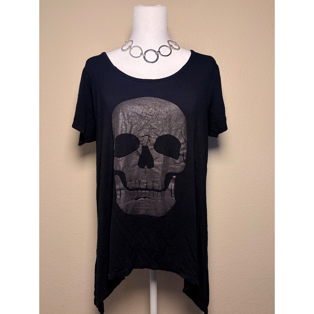 Y2K Hot Topic Skull Graphic Hem Top Black Metallic Grey Short Sleeve Medium #9